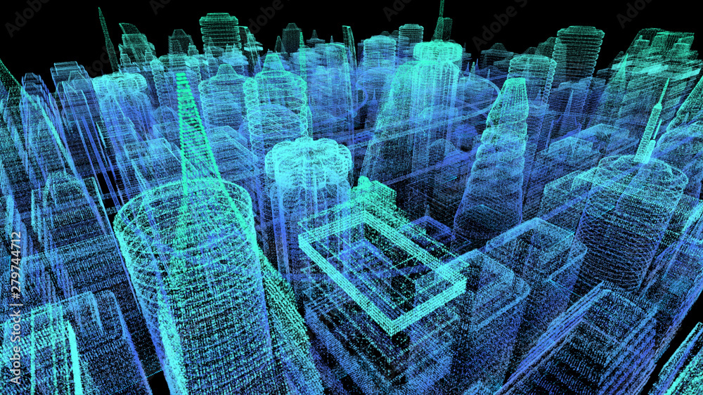 Poster Futuristic holographic city digitally generated image virtual reality matrix particles in cyber space background environment