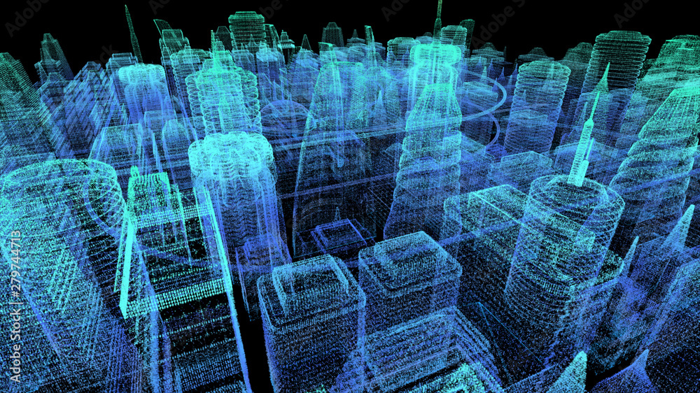 Poster Futuristic holographic city digitally generated image virtual reality matrix particles in cyber space background environment