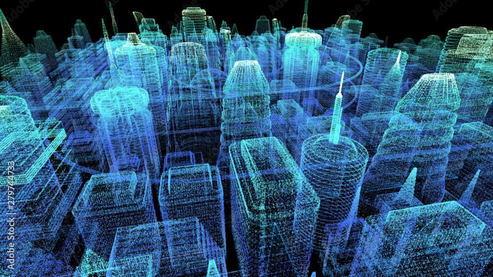 Poster Futuristic holographic city digitally generated image virtual reality matrix particles in cyber space background environment