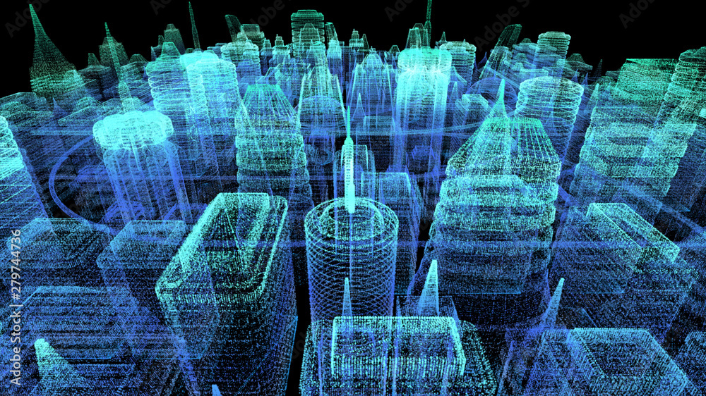 Poster Futuristic holographic city digitally generated image virtual reality matrix particles in cyber space background environment