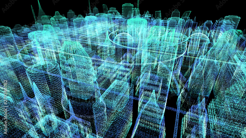 Aufkleber Futuristic holographic city digitally generated image virtual reality matrix particles in cyber space background environment