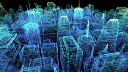 Futuristic holographic city digitally generated image virtual reality matrix particles in cyber space background environment