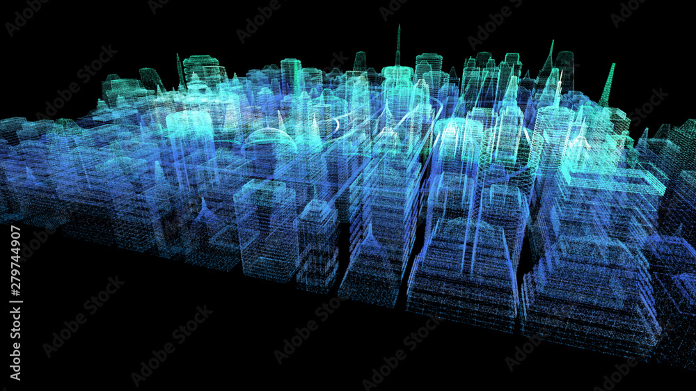 Poster Futuristic holographic city digitally generated image virtual reality matrix particles in cyber space background environment