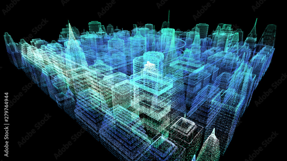 Poster Futuristic holographic city digitally generated image virtual reality matrix particles in cyber space background environment