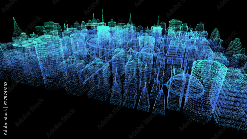 Poster Futuristic holographic city digitally generated image virtual reality matrix particles in cyber space background environment