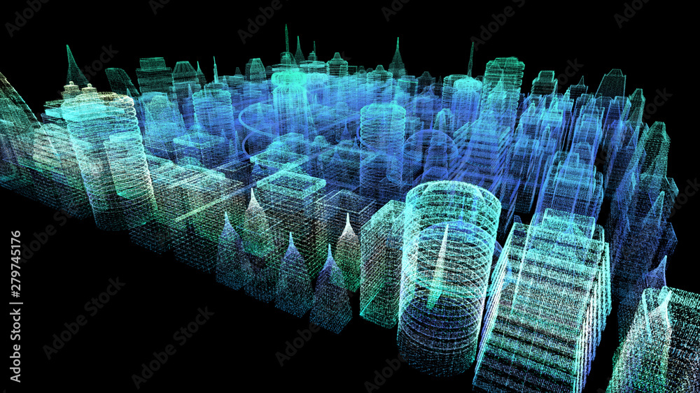 Poster Futuristic holographic city digitally generated image virtual reality matrix particles in cyber space background environment