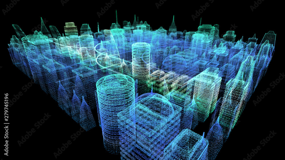 Aufkleber Futuristic holographic city digitally generated image virtual reality matrix particles in cyber space background environment