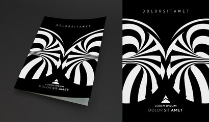 Cover design template. Black and white pattern with optical illusion. Applicable for placards, banners, book covers, brochures, planners or notebooks. 3d vector illustration.