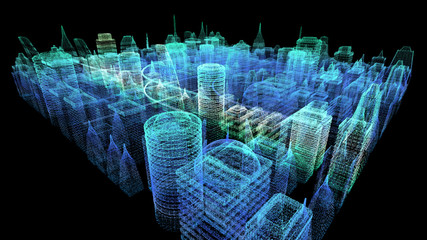 Futuristic holographic city digitally generated image virtual reality matrix particles in cyber space background environment