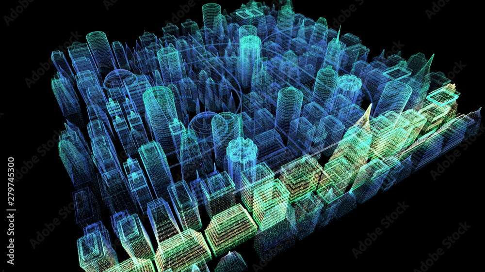 Poster Futuristic holographic city digitally generated image virtual reality matrix particles in cyber space background environment