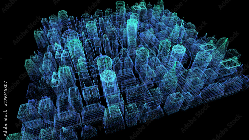 Poster Futuristic holographic city digitally generated image virtual reality matrix particles in cyber space background environment