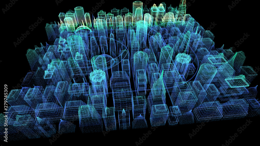 Poster Futuristic holographic city digitally generated image virtual reality matrix particles in cyber space background environment