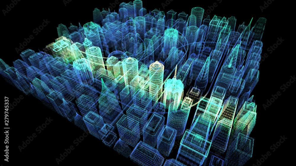 Poster Futuristic holographic city digitally generated image virtual reality matrix particles in cyber space background environment