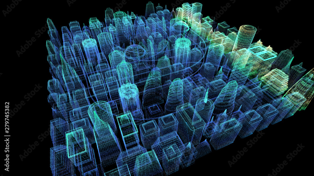 Poster Futuristic holographic city digitally generated image virtual reality matrix particles in cyber space background environment