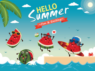 Vintage summer poster design with vector watermelon & surfboard characters. - obrazy, fototapety, plakaty