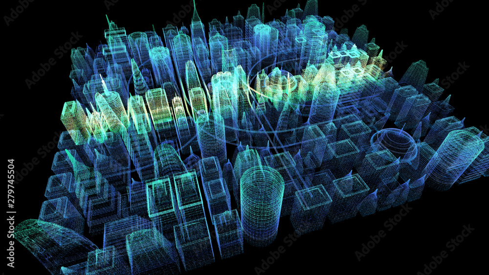 Aufkleber Futuristic holographic city digitally generated image virtual reality matrix particles in cyber space background environment