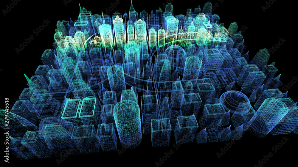 Poster Futuristic holographic city digitally generated image virtual reality matrix particles in cyber space background environment