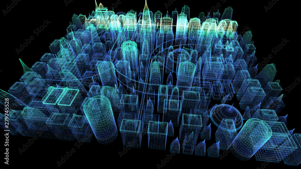 Poster Futuristic holographic city digitally generated image virtual reality matrix particles in cyber space background environment
