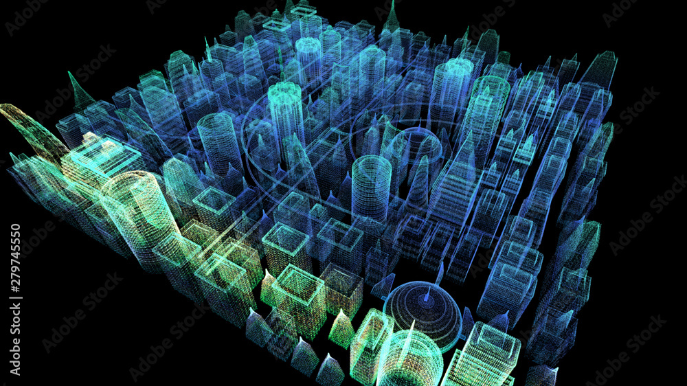 Poster Futuristic holographic city digitally generated image virtual reality matrix particles in cyber space background environment