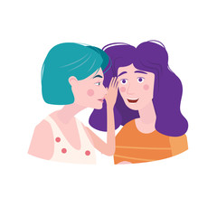 Woman whispering gossip, surprised, says rumors to other female character. Gossiping secret woman flat vector illustration.