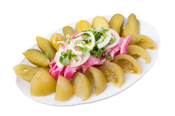 Delicious pickles with onions.