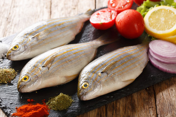 Raw Sarpa salpa with ingredients close-up on a slate board. horizontal