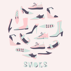 Shoes Drawn Vector Symbols. Hand Drawn Vector Illustration on White Background.