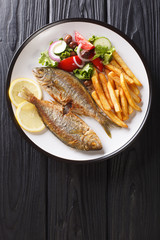 Traditional fried Sarpa salpa fish with lemon and side dish of fresh vegetable salad. french fries close-up on a plate. Vertical top view