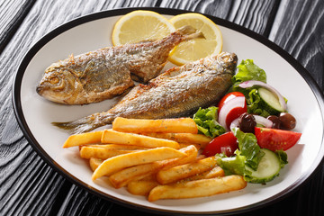 Traditional fried Sarpa salpa fish with lemon and side dish of fresh vegetable salad close-up on a plate. horizontal