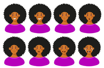 Set of 8 female emotions. African American teen face expression. Emotional intelligence. Head of a young girl with different emotions on her face. Avatar girl. Flat design vector illustration.