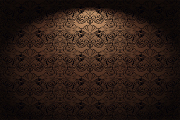 Royal, vintage, Gothic horizontal background in gold, bronze, caramel, chocolate with a classic Baroque pattern, Rococo.With dimming at the edges. Vector illustration EPS 10