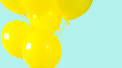 A bunch of yellow balloons on a blue turquoise background, close-up, soft focus. Background with copy space for joyful and optimistic, festive messages.