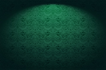 Royal, vintage, Gothic horizontal background in green with a classic Baroque pattern, Rococo.With dimming at the edges. Vector illustration EPS 10