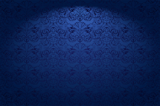 Royal, vintage, Gothic horizontal background in dark blue ultramarine with a classic Baroque pattern, Rococo.With dimming at the edges. Vector illustration EPS 10