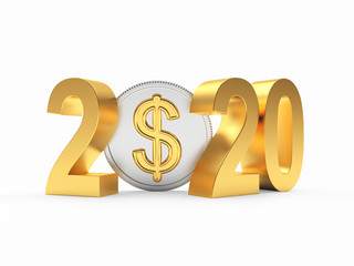 Golden 2020 New Year and silver coin with Dollar sign isolated on white background. 3D illustration