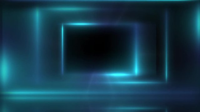 Animation of flickering neon light from the screen on the wall of a dark room, abstract mystical glowing background template, mock up. Empty dark interior room and glowing frame.
