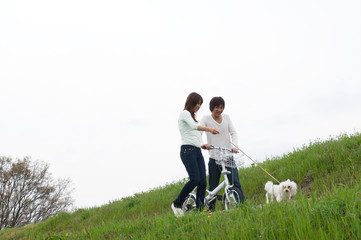 土手を散歩しているカップルと犬