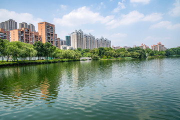Fototapeta na wymiar Real estate real estate on the lakeside of Foshan Asian Art Park, Guangdong, China