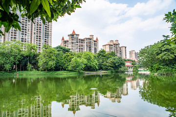 Naklejka premium Real estate real estate on the lakeside of Foshan Asian Art Park, Guangdong, China