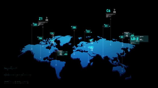 World map Futuristic user interface HUD GUI digital text number element for cyber technology concept with dark and grain processed