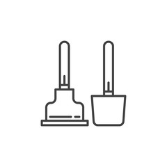 Toilet plunger and brush vector icon or symbol in thin line style