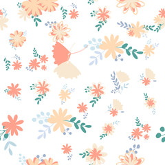 Fototapeta premium Beautiful pattern with simple foolproof flower botanical. Wild botanical garden bloom. Flower background. Spring floral surface pattern. Leaves illustration.