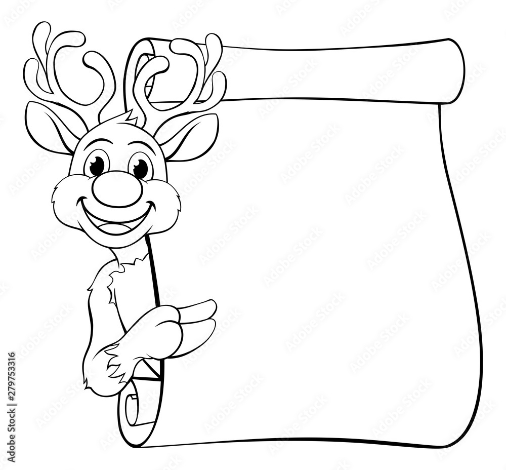 Canvas Prints Christmas reindeer cartoon character peeking around a scroll sign and pointing at it