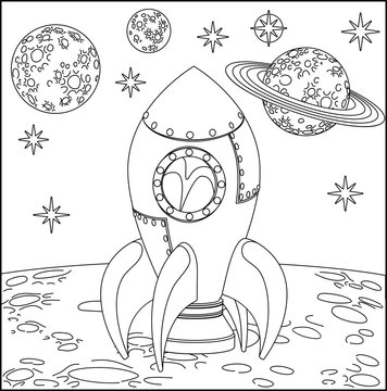 A Space Cartoon Coloring Scene Background Page With Rocket Ship On Moons Surface And Planets