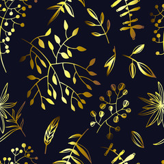 Vector floral seamless pattern with abstract leaves, buds and branches elements on black background.Vogue gold floral texture for textile, wrapping paper, print design, clothes.