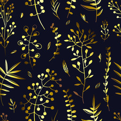 Vector floral seamless pattern with abstract leaves, buds and branches elements on black background.Vogue gold floral texture for textile, wrapping paper, print design, clothes.