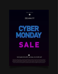 Cyber Monday sale inscription in Futuristic Hologram HUD style on dark background with blue lights. Design for flyer, event advertising, branding, shares, promotion etc.