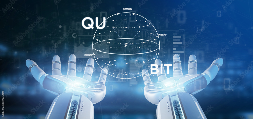 Poster cyborg hand holding quantum computing concept with qubit icon 3d rendering
