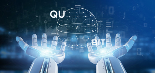Cyborg hand holding Quantum computing concept with qubit icon 3d rendering
