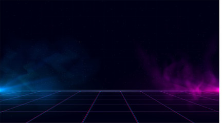 Synthwave vaporwave retrowave cyber background with copy space, laser grid, starry sky, blue and purple glows with smoke and particles. Design for poster, cover, wallpaper, web, banner, etc. - obrazy, fototapety, plakaty